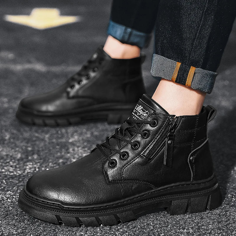 Casual Retro Waterdichte Chelsea Boots van PU-Leer met Ronde Neus en Vetersluiting voor Heren
