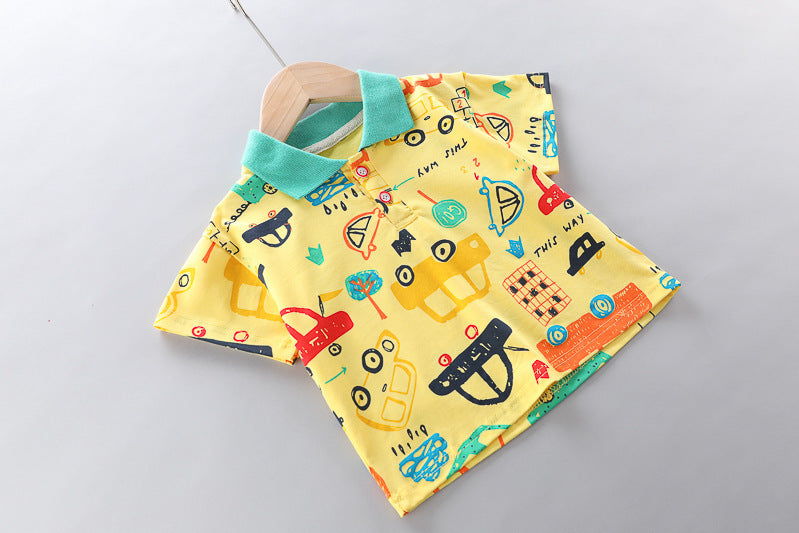 Tweedelig Casual Set voor Kinderen Korte Mouwen Polo's met Autopatroon en Shorts