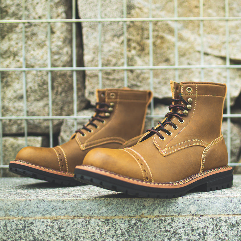 Amerikaanse Handgemaakte Vintage Crazy Horse Brown Hoge Workboots van Echt Leer met Vetersluiting en Rubber Zool voor Heren