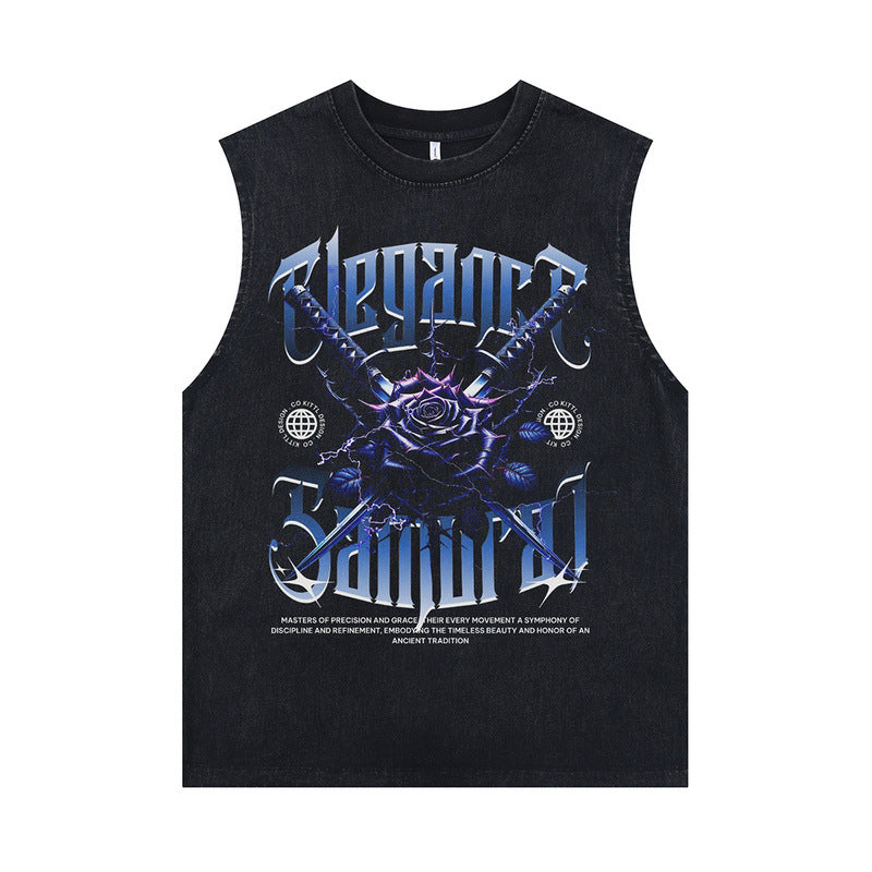 Trendy Retro Effen Kleur Mouwloze Oversized Vintage Letterprint T-shirt met Ronde Hals voor Unisex