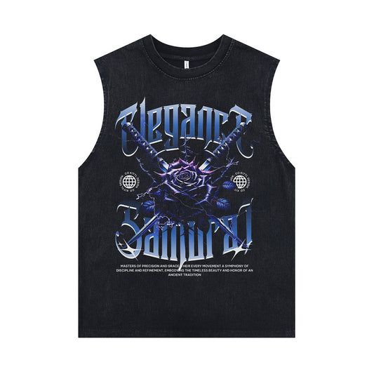 Trendy Retro Effen Kleur Mouwloze Oversized Vintage Letterprint T-shirt met Ronde Hals voor Unisex