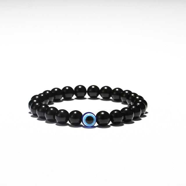 Trendy Effen Kleur Klassieke Turkse Boze-Oog (Nazar) Armband met Zwarte Natuurstenen (Obsidiaan) voor Heren