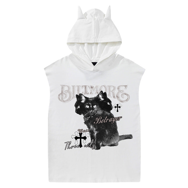 Klassieke Stijlvolle Effen Kleur Mouwloze Vintage Grafische Bedrukte Tanktop met Capuchon en Duivelshoorntjes voor Heren