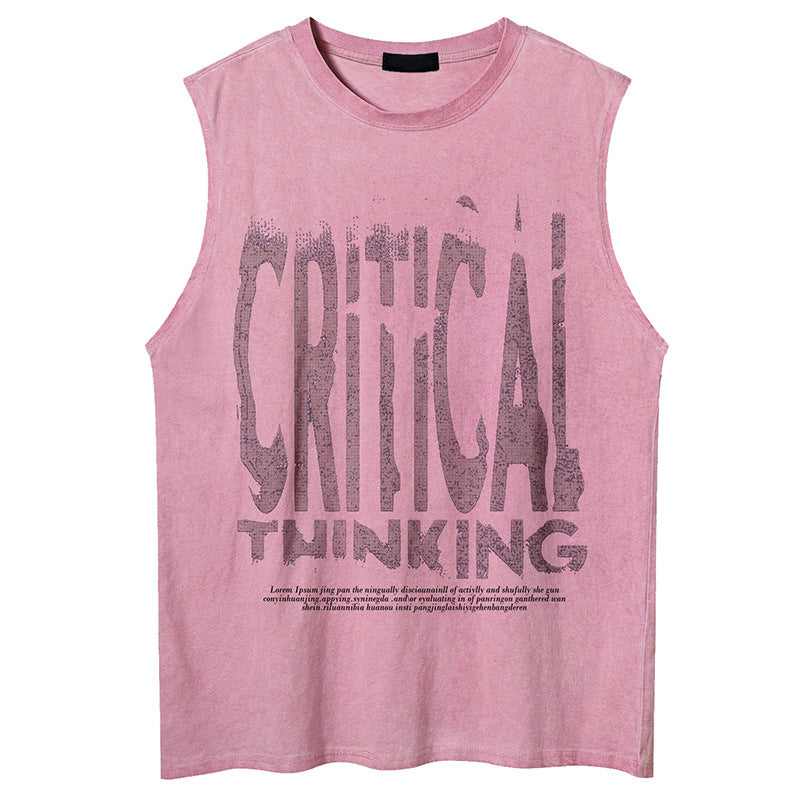 Trendy Klassieke Effen Kleur Mouwloze Casual Vintage Washed Tanktop met Ronde Hals en Vervaagde Letterprint voor Heren & Jongens
