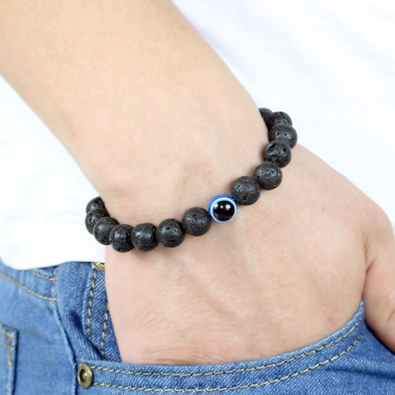 Trendy Effen Kleur Klassieke Turkse Boze-Oog (Nazar) Armband met Zwarte Natuurstenen (Obsidiaan) voor Heren