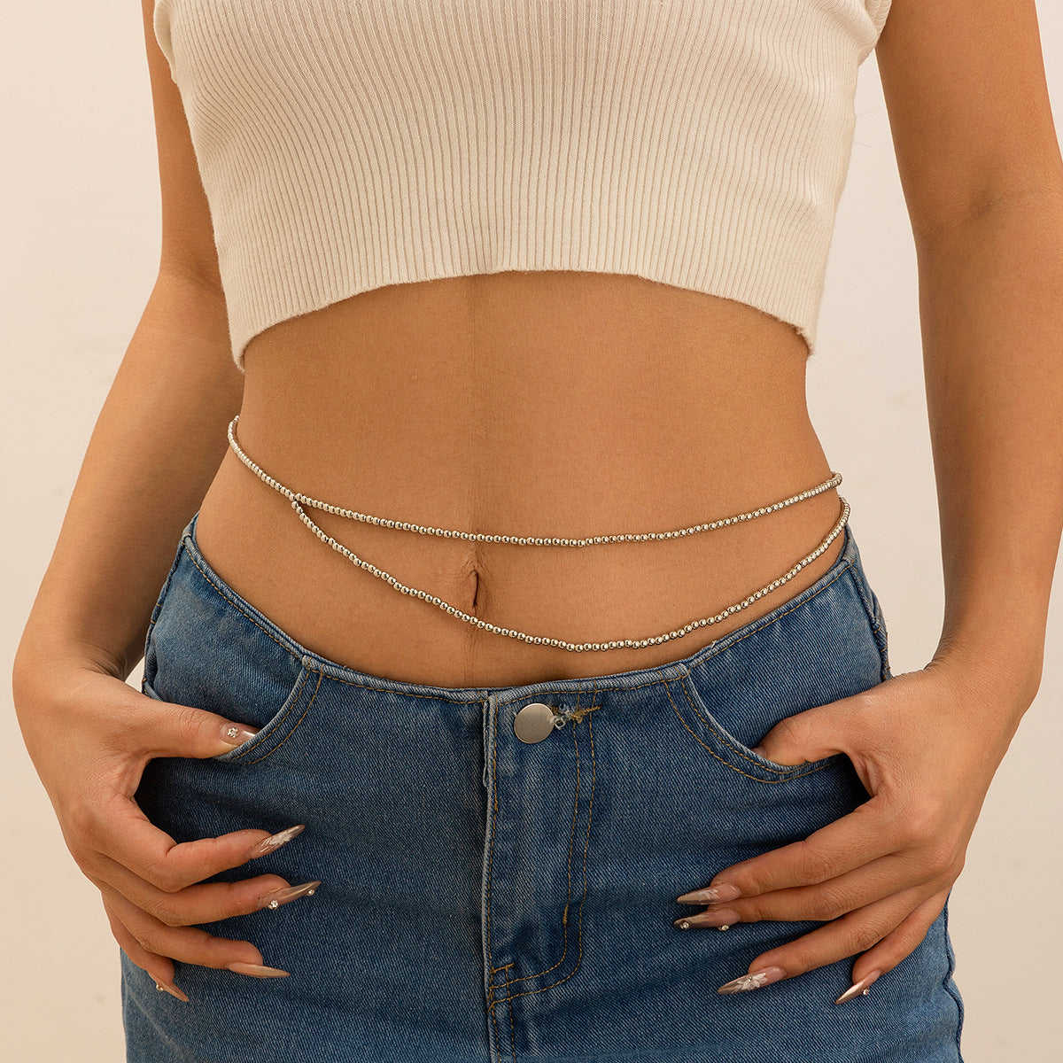 Eenvoudig Universele Sexy Dubbellaagse Effen Kleur Tailleketting met Imitatie Parels voor Dames