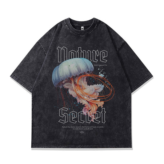 Stijlvolle Klassieke Effen Kleur Casual Vintage Ronde Hals T-shirt met Cartoonprint en Korte Mouwen voor Heren gewassen