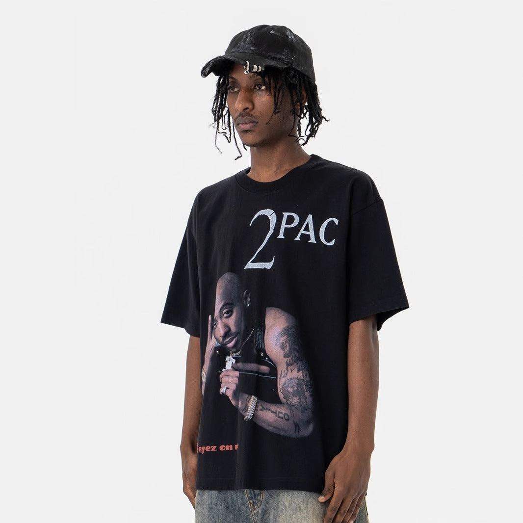 Retro Hiphopstijl Effen Kleur Oversized Casual Ronde T-shirt met Bedrukte Grafische Fotoprint en Korte Mouwen voor Heren