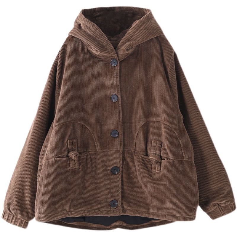 Trendy Effen Kleur Gestreepte Corduroy Korte Jacket met Knoopsluiting in Harajuku Stijl voor Dames