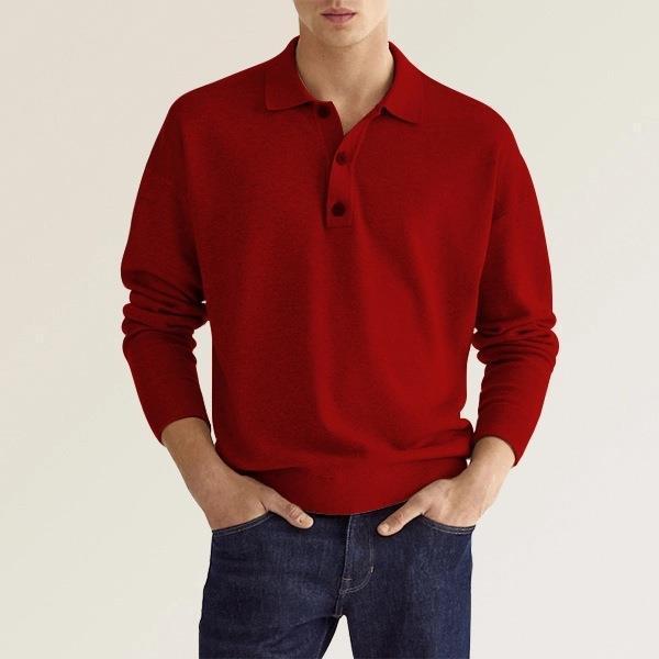 Europese Casual V-hals Poloshirt in Effen Kleur met Lange Mouw en Knoopsluiting voor Heren