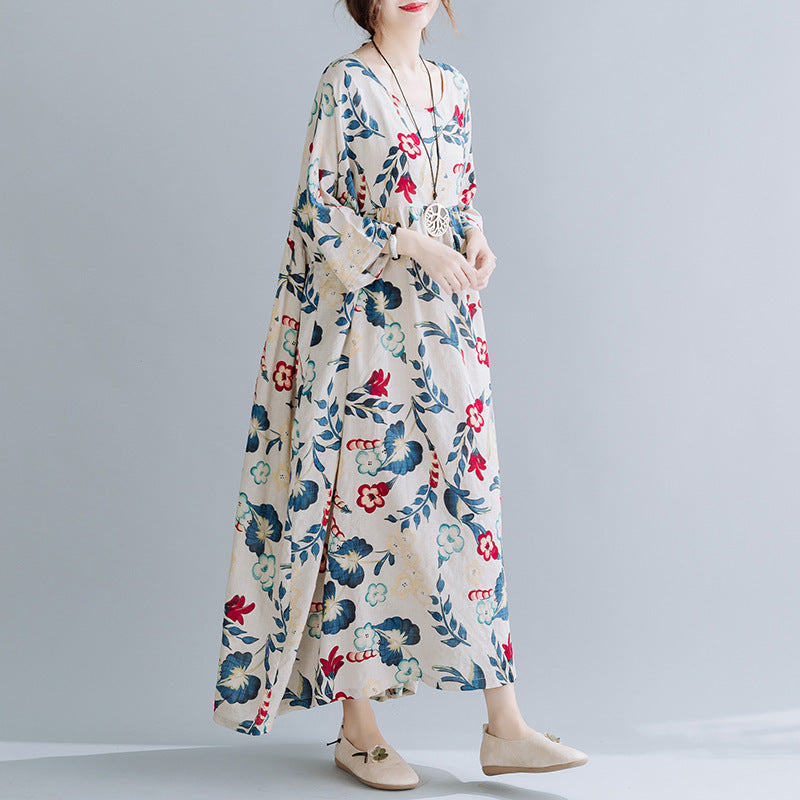 Stijlvolle Vintage Oversized Katoenen Linnen Bloemenprint Maxi-jurk met Korte Mouwen en Ronde Hals voor Dames