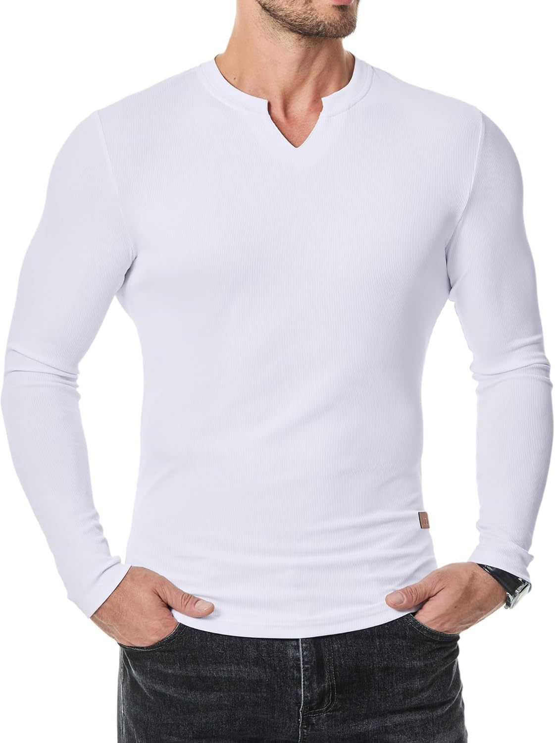 Fashion Casual Effen Kleur Slim Fit T-shirt met Kleine V-hals en Lange Mouwen voor Heren & Jongens