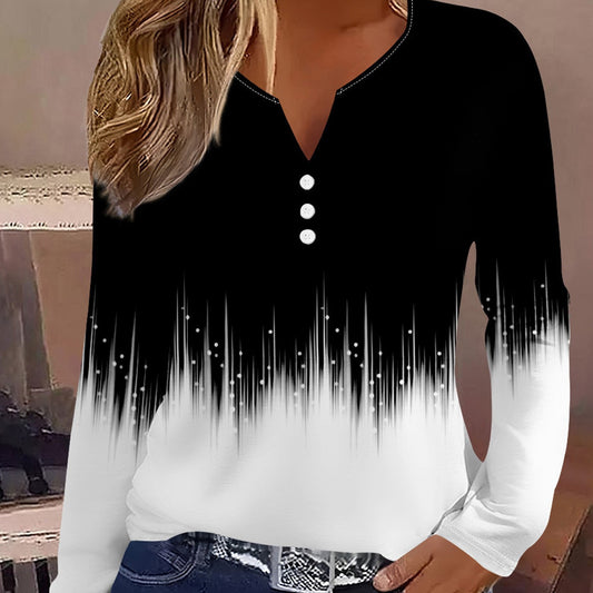 Amerikaanse Modieuze Oversized All-match Trendy V-hals Long-Sleeve Shirt met Geometrisch Patroon voor Dames & Plus-size