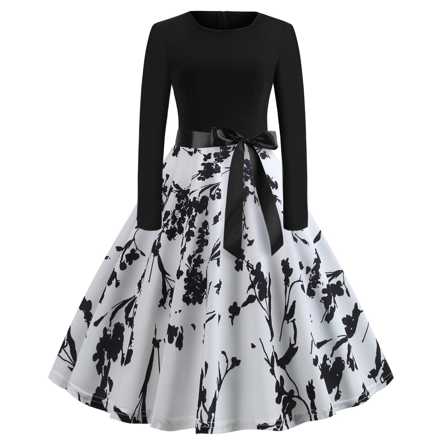 Hepburn Style Vintage Bloemenprint Hoge Taille Swingjurk met Ronde Hals en Lange Mouwen voor Dames & Plus-size