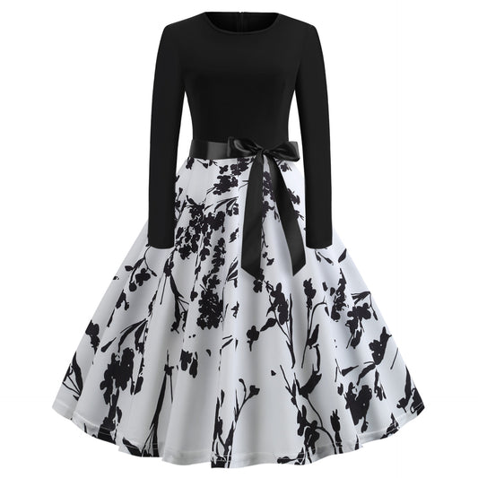 Hepburn Style Vintage Bloemenprint Hoge Taille Swingjurk met Ronde Hals en Lange Mouwen voor Dames & Plus-size