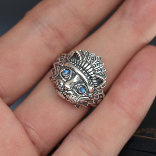 Vintage Ring met Maansteen en Indiase Kat voor Heren