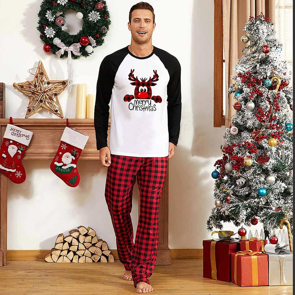 Kerstmis Familie Matching Geruite Kerstpyjama's Sets met Rudolph Print  voor Gezin & Koppels