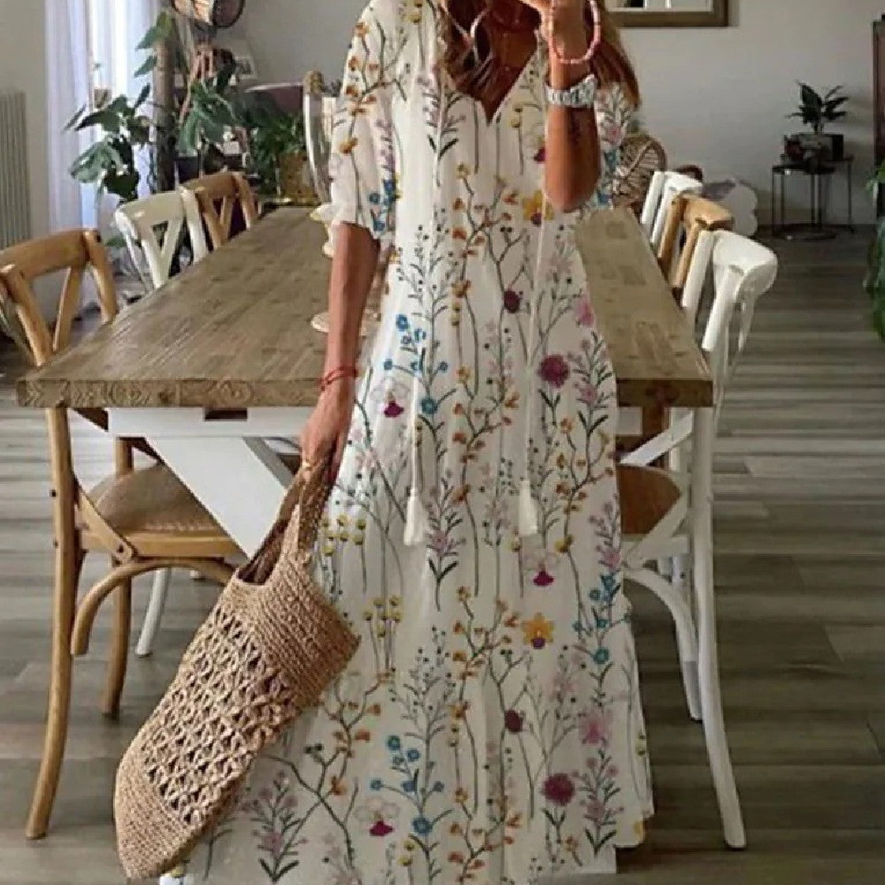 Stijlvolle Elegante Bedrukte Bloemenprint Maxi-jurk met Lange Mouwen en V-hals voor Dames & Plus-size