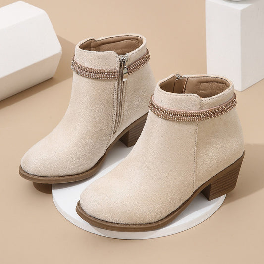 Modieuze Effen Kleur Enkel Laarzen van PU-Leer met Dubbele Band Strass-steentjes en Ritssluitingvoor Meiden