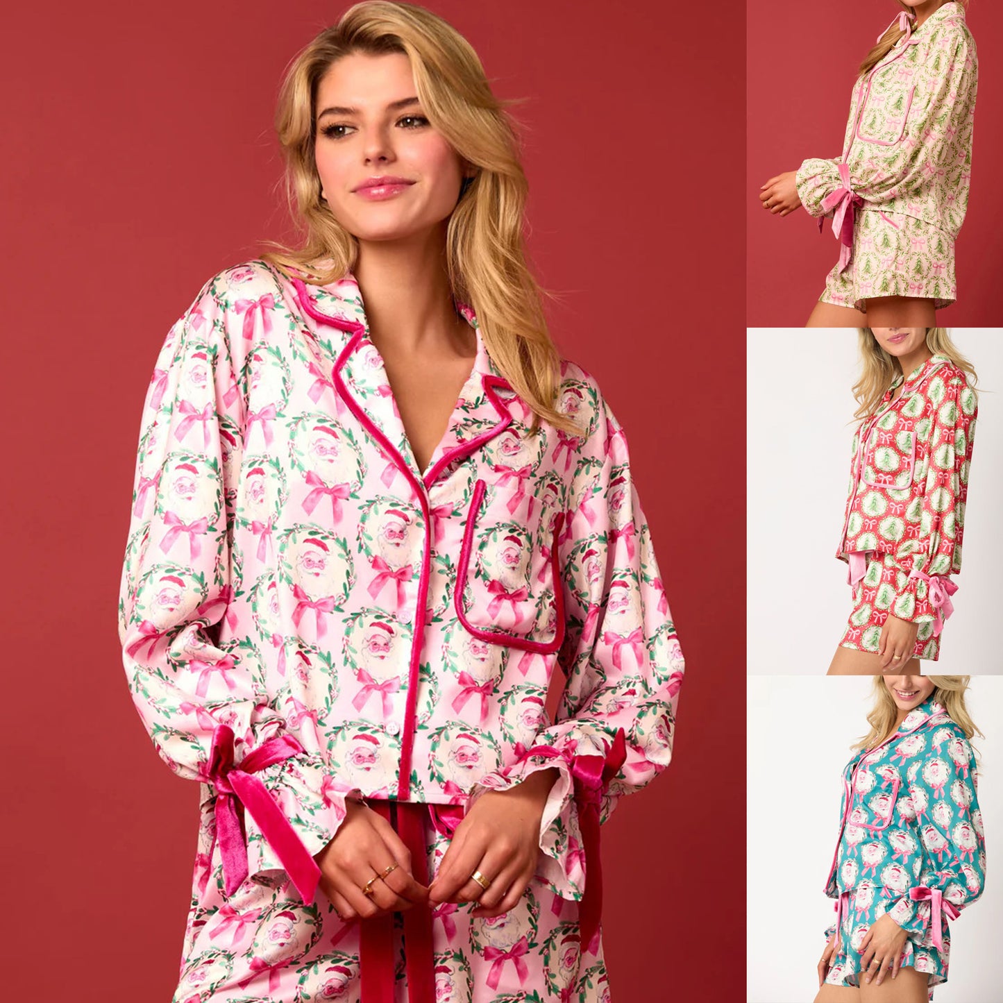 Kerstmis Stijlvolle Schattige All-Over Bedrukte Kerstmanprint Huis/ Pyjama-outfit met Reverskraag voor Dames & Plus-size
