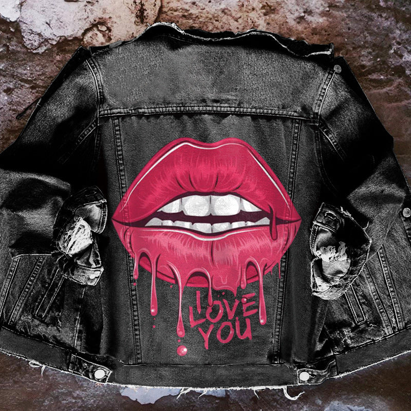 Amerikaanse Fashion Trendy Spijkerjacket met Big Lips Cartoon voor Unisex Jong & Oud