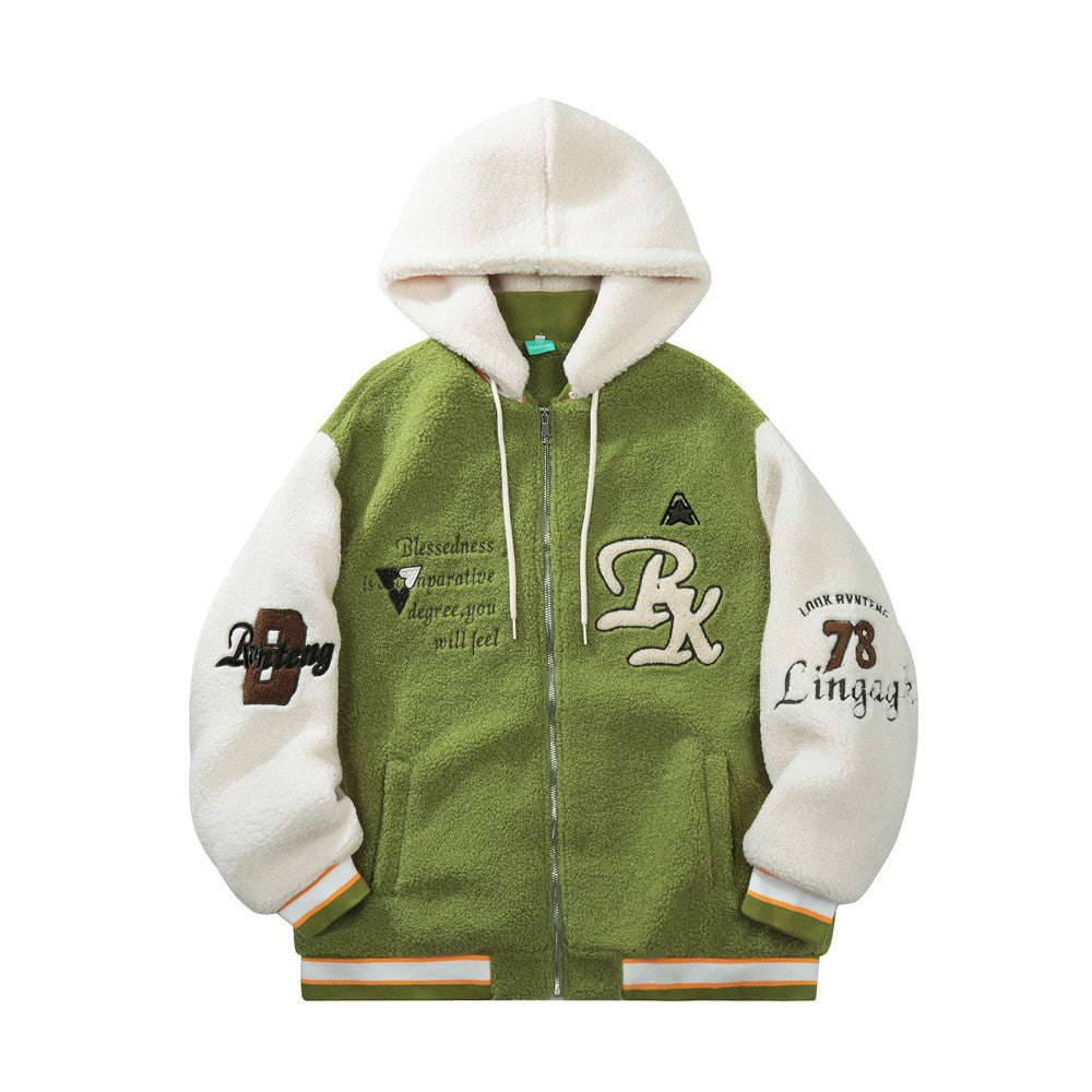 Casual Varsity-Jacket van Lamswol met Capuchon en Geborduurde Letters voor Heren