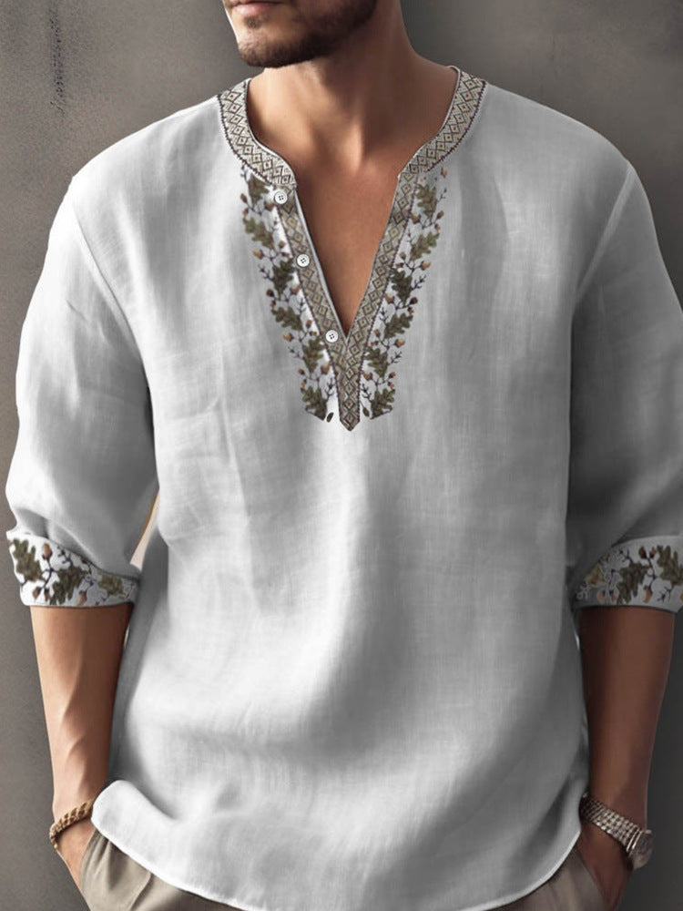 Europese Casual Oversized Kleurmatching Bamboe Linnen T-shirt met 3D Bedrukte Henleykraag en Lange Mouwen voor Heren