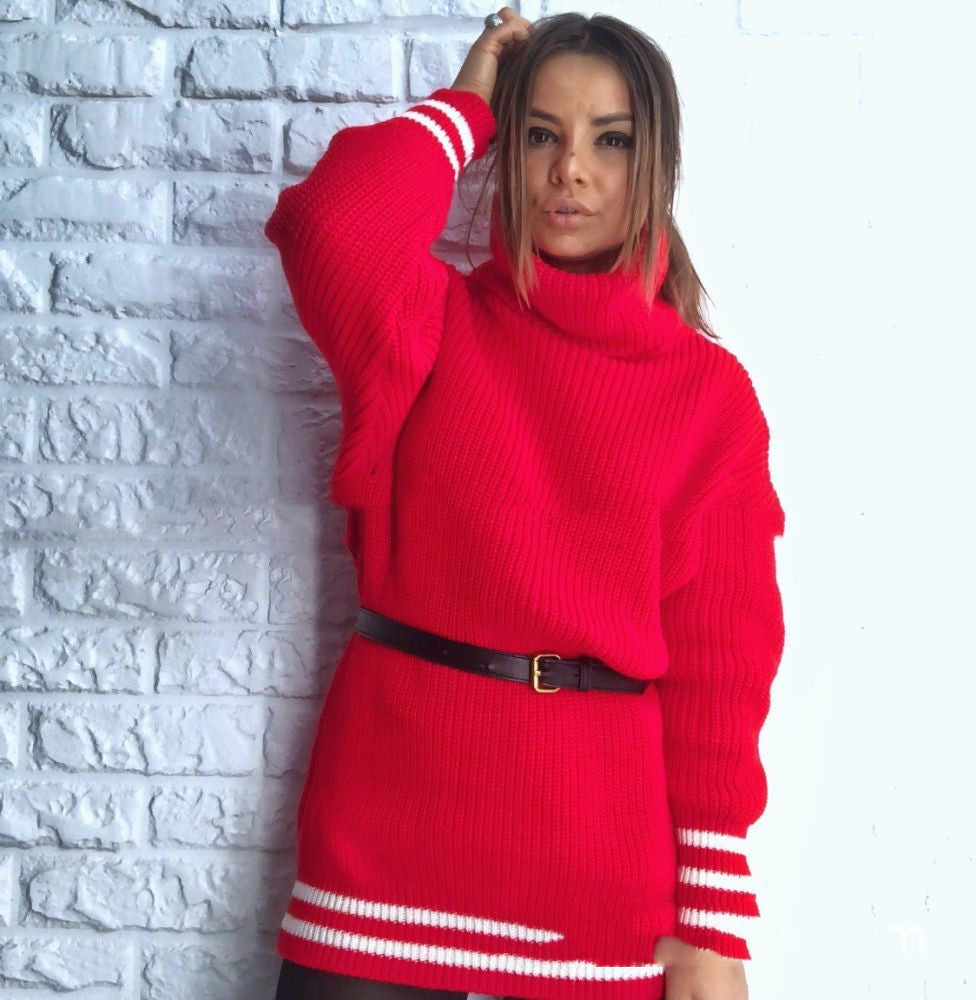 Europese en Amerikaanse Losvallend Gebreide Trui met Hoge Hals en Grote Strepen voor Dames & Meiden