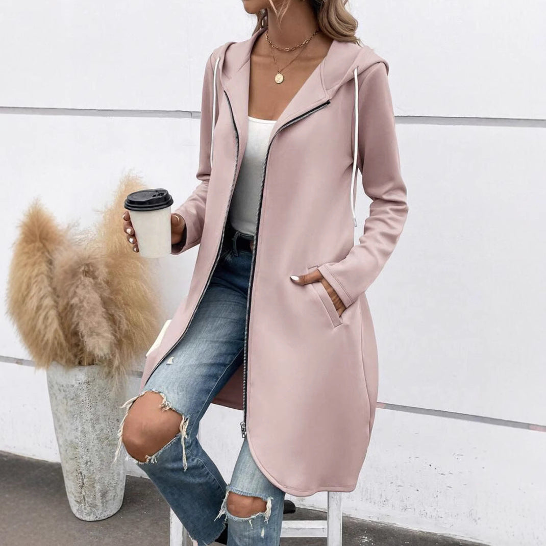 Casual Streetwear Stijlvolle Effen Kleur Fluwelen Capuchon Sweatvest Lang met Ritssluiting en Zakken voor Dames & Plus-size