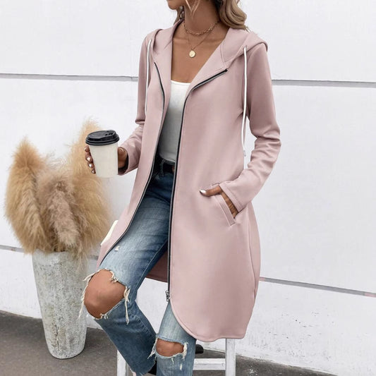 Casual Streetwear Stijlvolle Effen Kleur Fluwelen Capuchon Sweatvest Lang met Ritssluiting en Zakken voor Dames & Plus-size