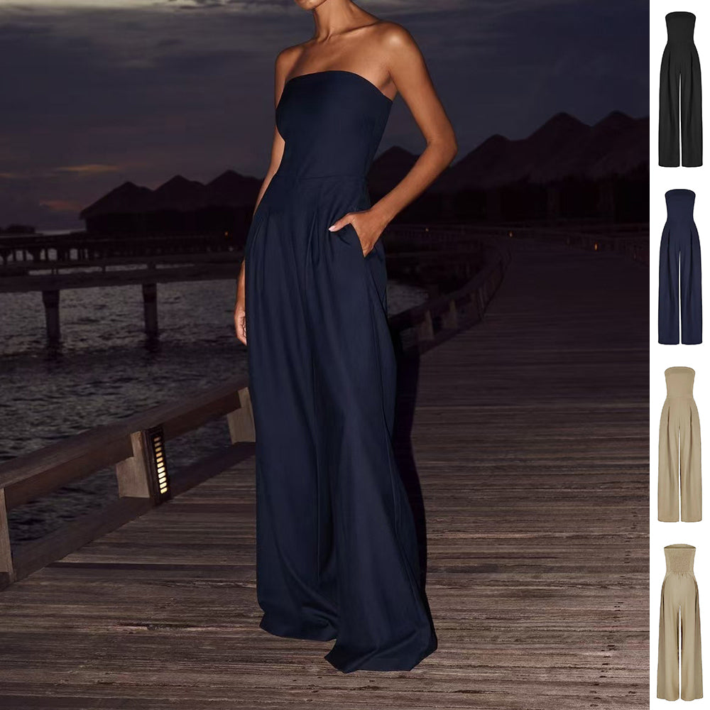 Elegante Casual Comfortabele Strapless Stretch Jumpsuit met Losvallend Wijde Pijpen voor Dames