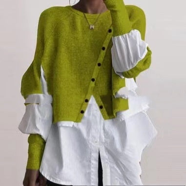 Trendy Ontwerp Ronde Hals Gebreide Trui Witte Shirt met Knoopsluiting en Lange Mouwen voor Dames & Plus-size