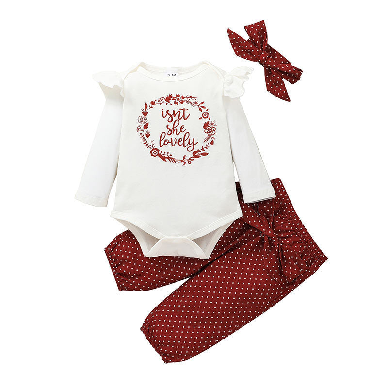Trendy 3-delige Set Baby Meisjes Romper met Lange Mouwen, Strikhaarband & Broek met Strik