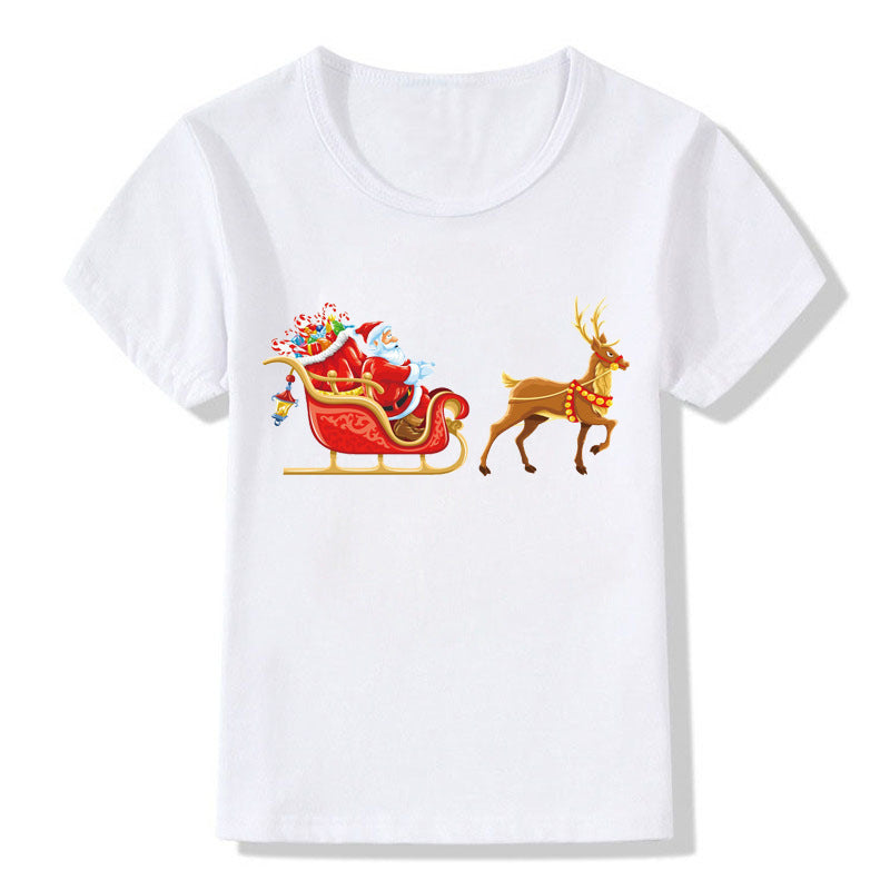 Amerikaanse Kerstmis Casual Bedrukte Schattige Cartoon Kerst T-shirt met Ronde Hals en Korte Mouwen voor Kinderen