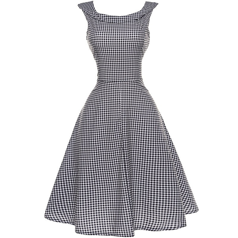Hepburn Style Vintage Slim-Taille Swingjurk met Ronde Hals en Geruitpatroon voor Dames & Plus-size