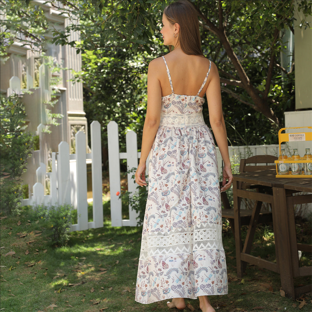 Elegante Bloemenprint Maxi-jurk met V-hals en Spaghettibandjes voor Dames & Plus-size