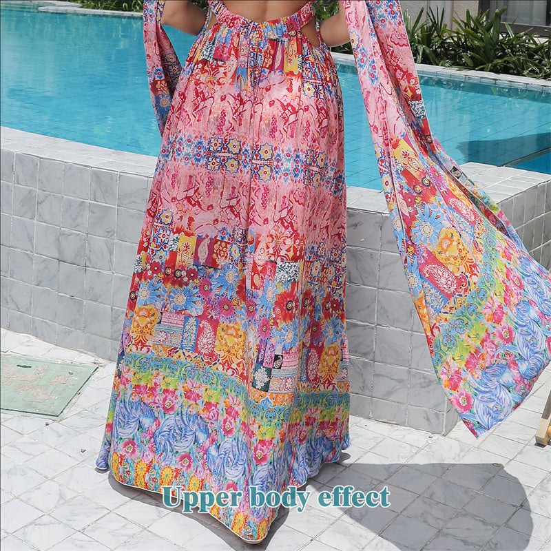 Elegante Mouwloze Bloemenprint Boho Maxi-jurk met Kruisbandjes voor Dames & Plus-size