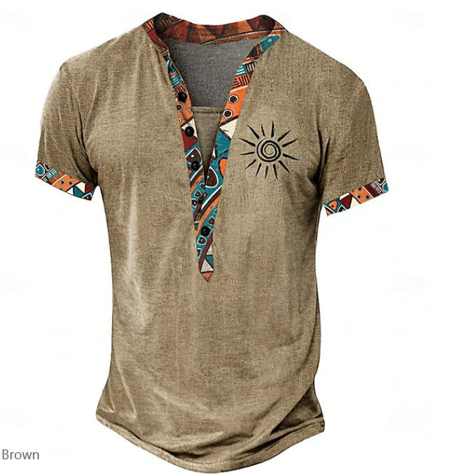 Amerikaanse Casual Effen Kleur 3D-bedrukte Vintage-print V-hals T-shirt met Korte Mouwen en Knoopsluiting voor Heren