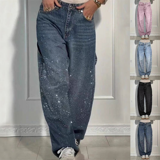 Stijlvolle Designer Modieuze Streetwear Oversized Wide Leg Jeans met Strass-steentjes en Zakken voor Dames/Plus-size & Meiden