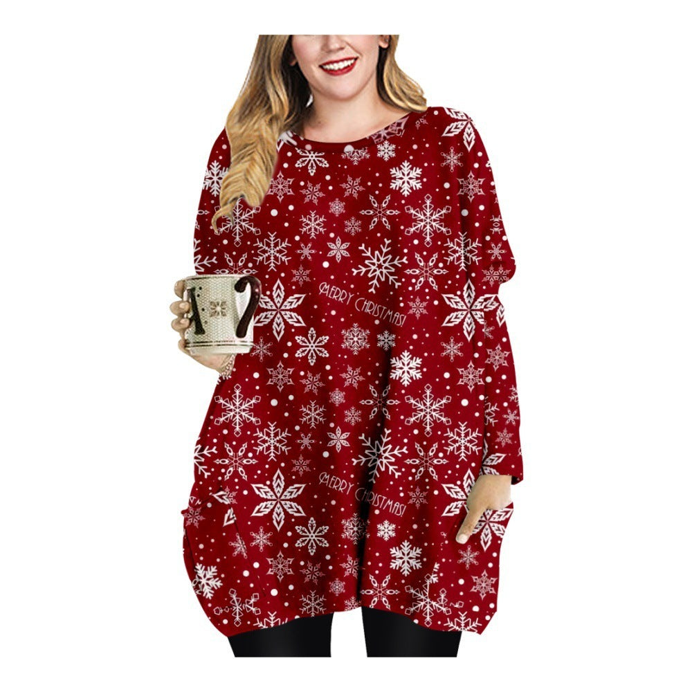 Kerstmis Trendy Stijlvolle Oversized Lange Kerstjurk met Kerstmismotief en Ronde Hals voor Dames & Plus-size