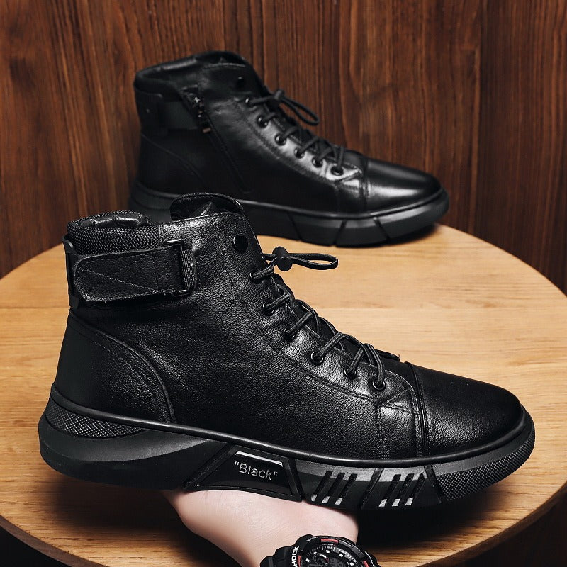 Trendy Effen Kleur Casual Hoge Sportschoenen van Echt Leer met Vetersluiting en Ronde Neus voor Heren