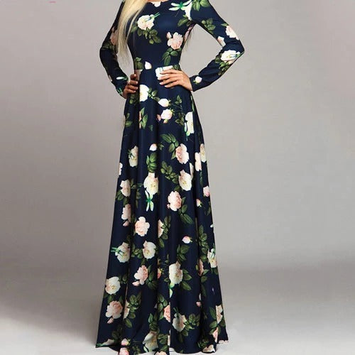 Vintage Afslankende Avondjurk met Bloemenprint en Lange Mouwen voor Dames & Plus-size