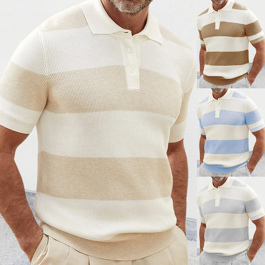 Europese Casual Gestreepte Revers Poloshirt met Korte Mouwen en Knoopsluiting voor Heren