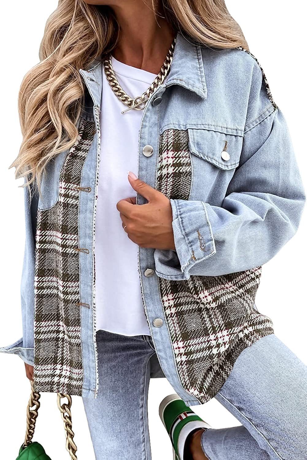 Casual Oversized Effen Kleur Geruite Lange Mouw Denim-jacket met Revers en Knoopsluiting voor Dames & Plus-size