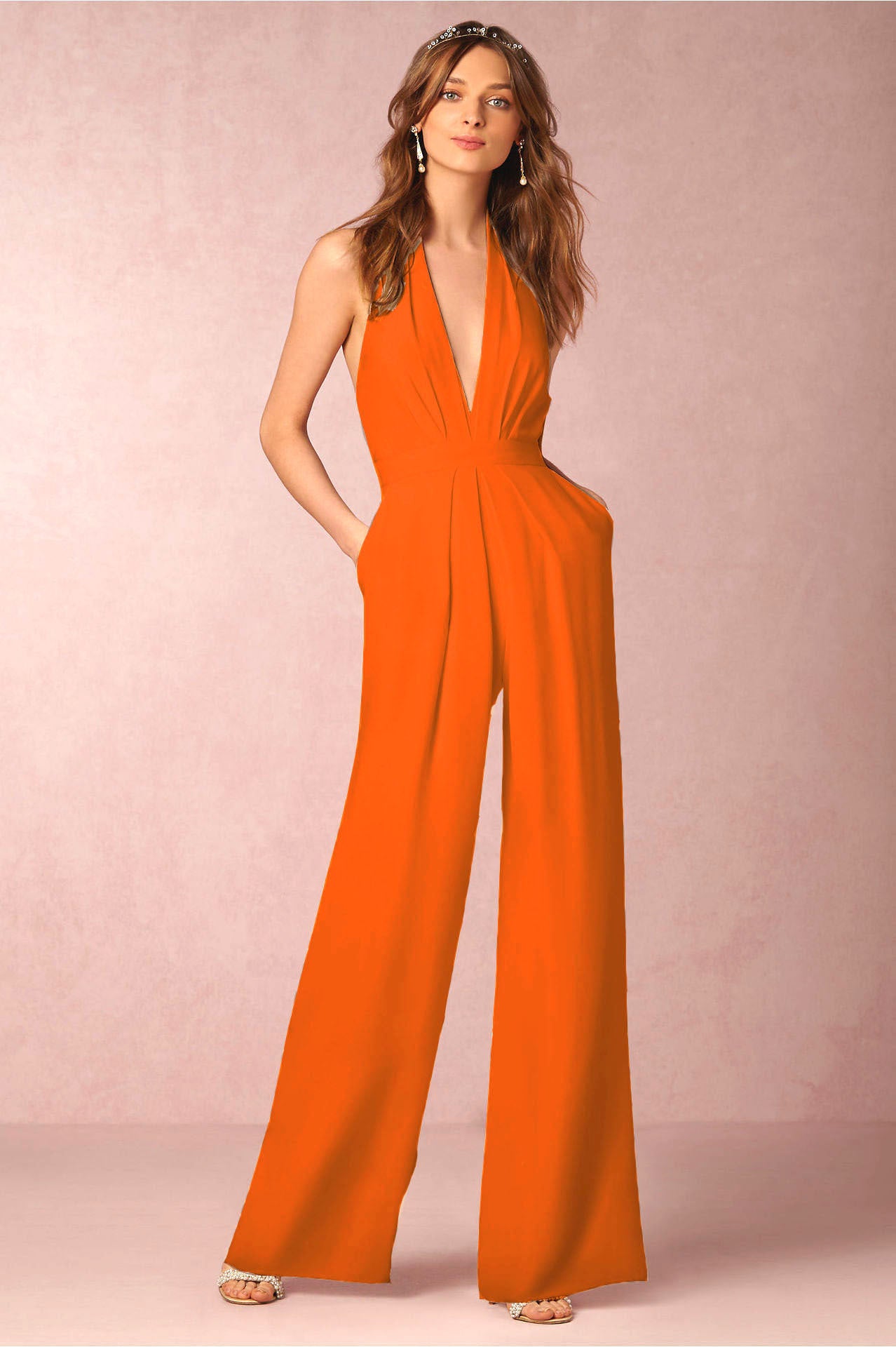 Trendy Casual Effen Kleur Mouwloze Halter Jumpsuit met Zakken voor Dames/Plus-size & Meiden