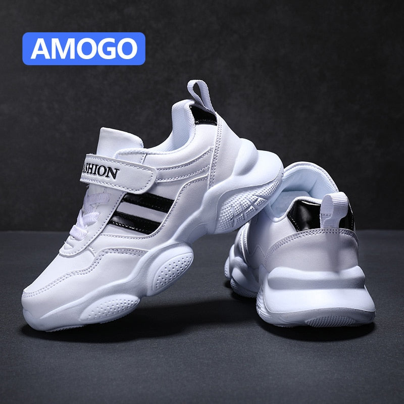 Trendy Casual Effen Kleur Ademende Sportieve Sneakers van PU-Leer met Strepen Accenten en Klittenbandsluiting