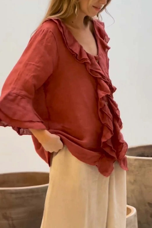 Casual Stijlvolle Fashion Effen Kleur Oversized Volant V-hals Overhemd met Lange Mouwen en Knoopsluiting voor Dames & Plus-size