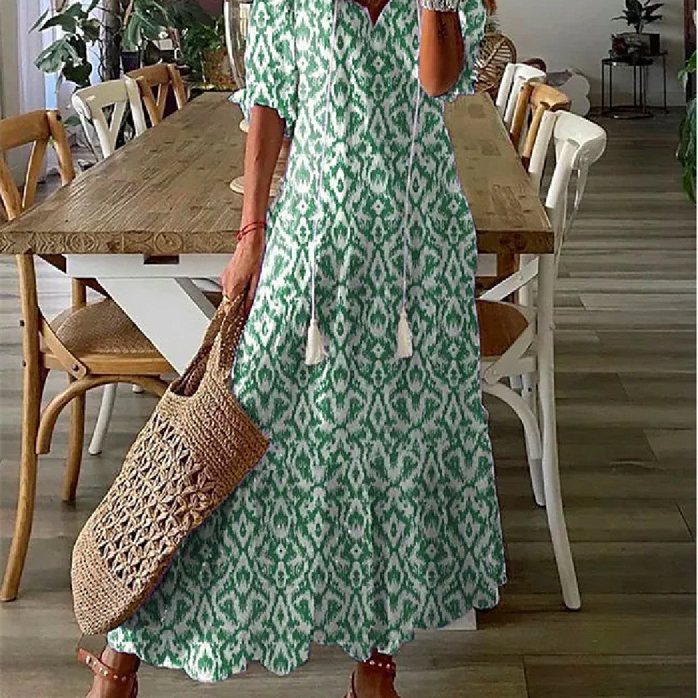 Stijlvolle Elegante Bedrukte Bloemenprint Maxi-jurk met Lange Mouwen en V-hals voor Dames & Plus-size