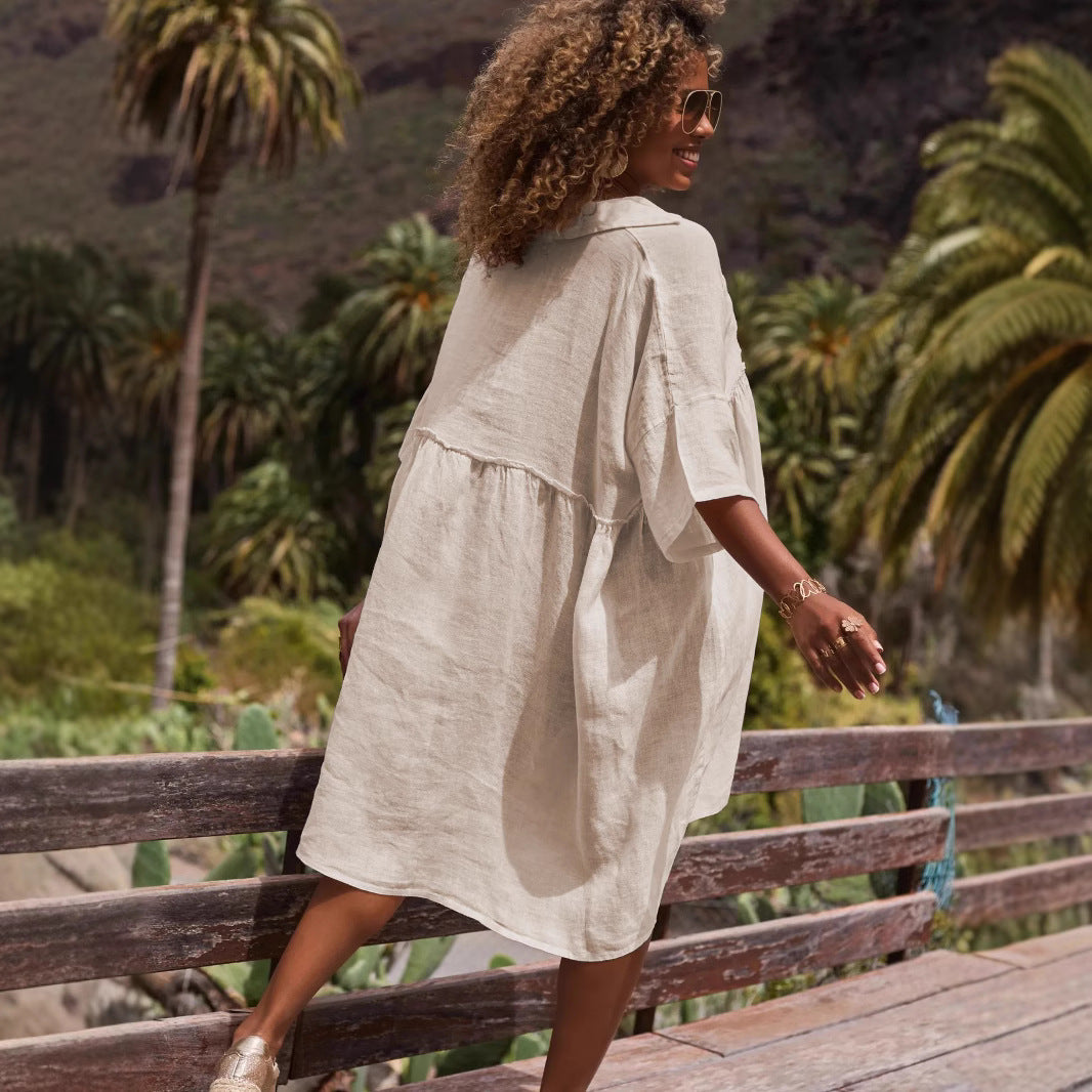 Artistieke Stijl Casual Retro Effen Kleur Polojurk met Korte Mouwen en Knoopsluiting voor Dames