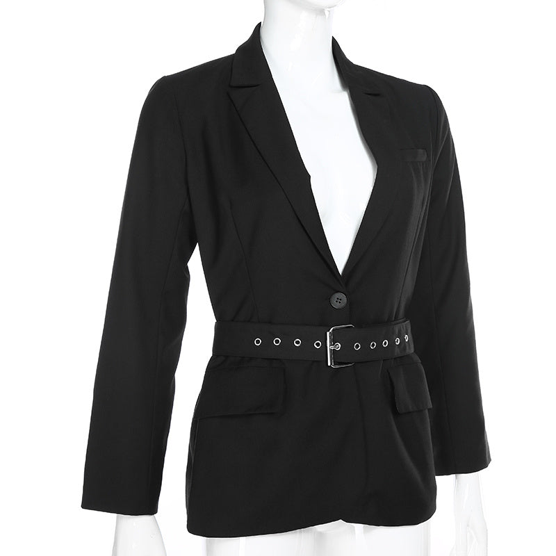 Lange Zwarte Blazer-jas met V-hals en Sjerp voor Dames